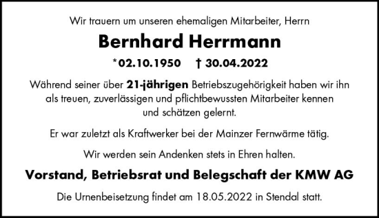 Traueranzeige von Bernhard Herrmann von vrm-trauer AZ Mainz