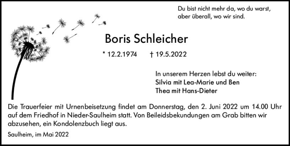  Traueranzeige für Boris Schleicher vom 28.05.2022 aus vrm-trauer Allgemeine Zeitung Alzey