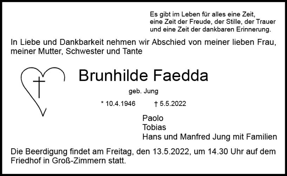  Traueranzeige für Brunhilde Faedda vom 12.05.2022 aus vrm-trauer DieburgerAnzeiger/Groß-Zimmerner Lokala