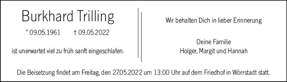  Traueranzeige für Burkhard Trilling vom 21.05.2022 aus vrm-trauer Allgemeine Zeitung Alzey