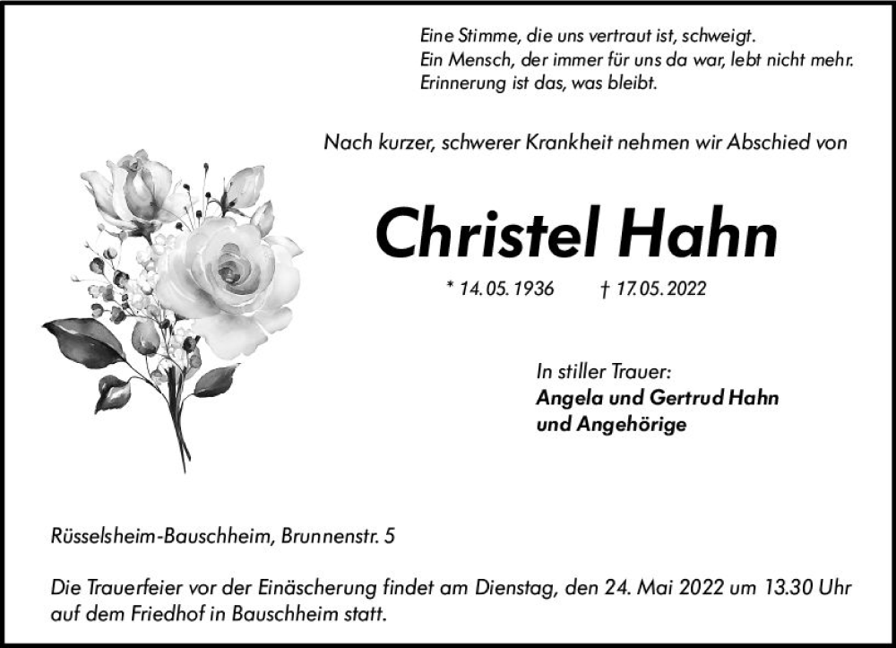  Traueranzeige für Christel Hahn vom 21.05.2022 aus vrm-trauer Rüsselsheimer Echo / MainSpitze