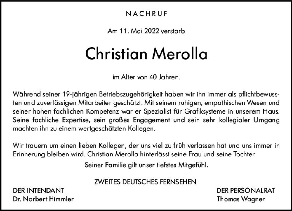  Traueranzeige für Christian Merolla vom 28.05.2022 aus vrm-trauer AZ Mainz