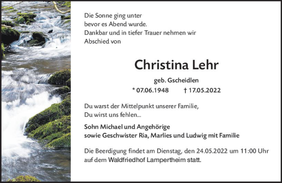 Traueranzeige von Christina Lehr von vrm-trauer Bürstädter/Lamperth. Ztg/Starkenburger