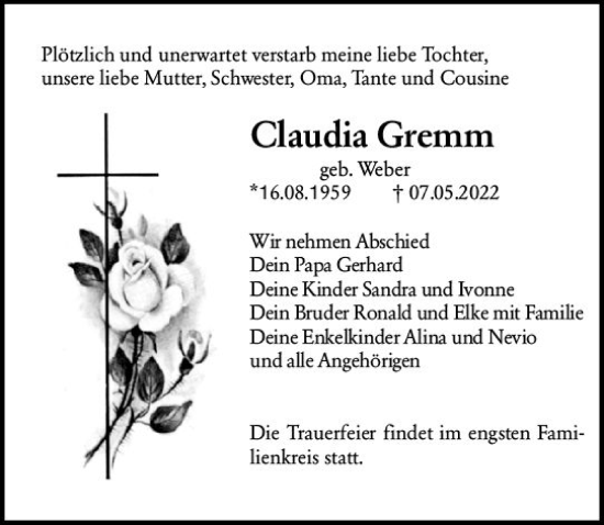 Traueranzeige von Claudia Gremm von vrm-trauer Groß-Gerauer Echo