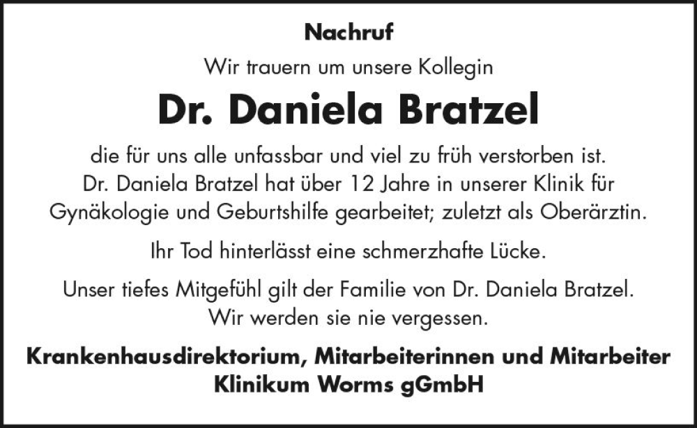  Traueranzeige für Daniela Bratzel vom 07.05.2022 aus vrm-trauer Wormser Zeitung