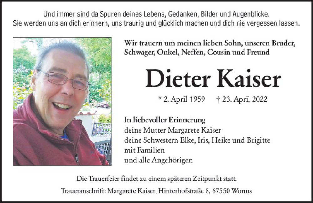  Traueranzeige für Dieter Kaiser vom 07.05.2022 aus vrm-trauer Wormser Zeitung