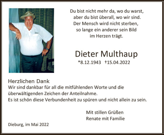 Traueranzeige von Dieter Multhaup von vrm-trauer DieburgerAnzeiger/Groß-Zimmerner Lokala