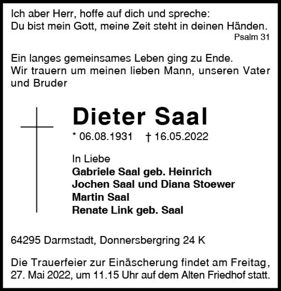  Traueranzeige für Dieter Saal vom 21.05.2022 aus vrm-trauer Darmstädter Echo