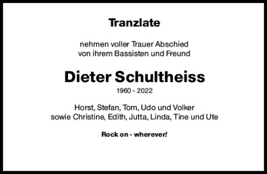 Traueranzeige von Dieter Schultheiss von vrm-trauer Allg. Zeitung Bad Kreuznach