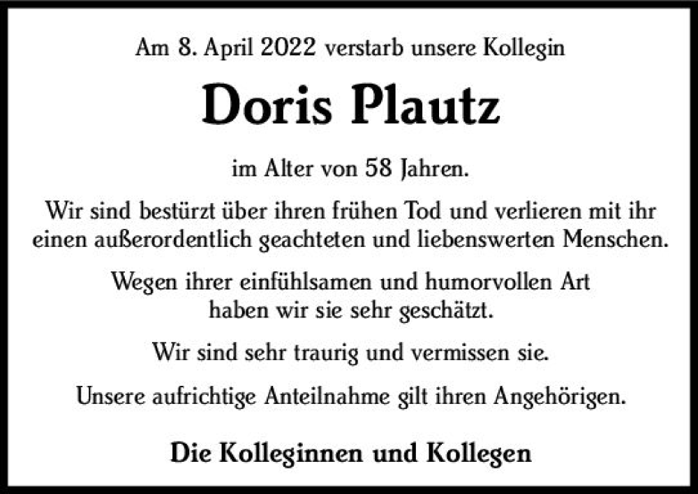  Traueranzeige für Doris Plautz vom 14.05.2022 aus vrm-trauer Wiesbadener Kurier