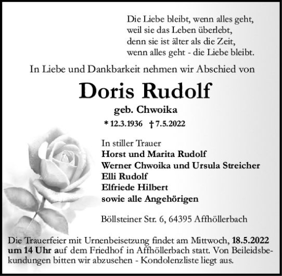 Traueranzeige von Doris Rudolf von vrm-trauer Odenwälder Echo