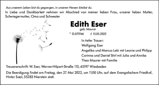 Traueranzeige von Edith Eser von vrm-trauer Wiesbadener Kurier