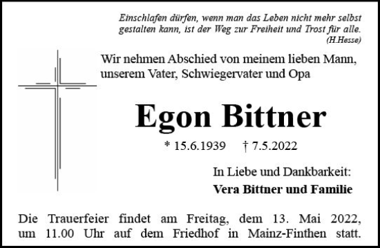Traueranzeige von Egon Bittner von vrm-trauer AZ Mainz