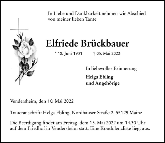 Traueranzeige von Elfriede Brückbauer von vrm-trauer Allgemeine Zeitung Alzey