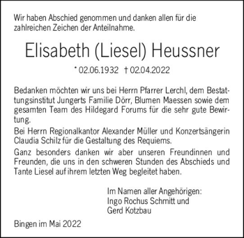 Traueranzeige von Elisabeth Heussner von vrm-trauer Allgemeine  Zeitung Ingelheim-Bingen