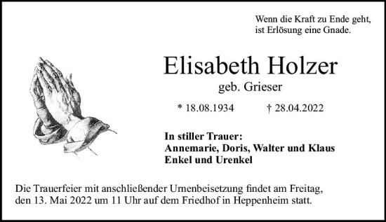 Traueranzeige von Elisabeth Holzer von vrm-trauer Bürstädter/Lamperth. Ztg/Starkenburger