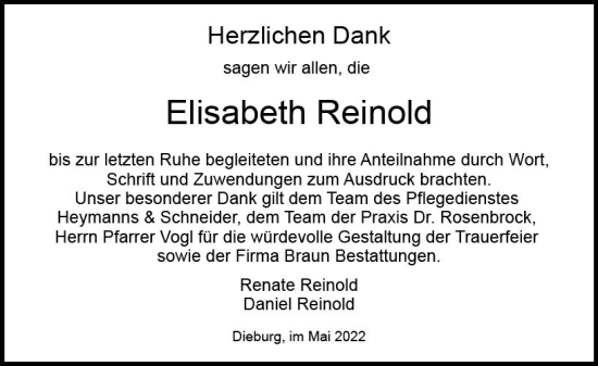 Traueranzeige von Elisabeth Reinold von vrm-trauer DieburgerAnzeiger/Groß-Zimmerner Lokala