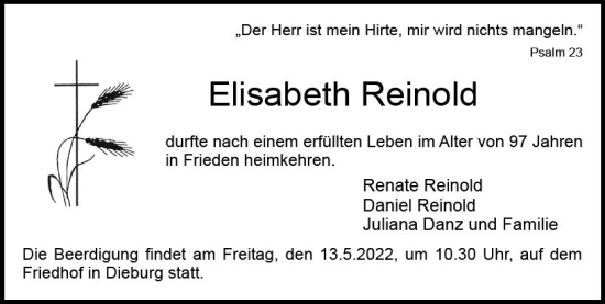 Traueranzeige von Elisabeth Reinold von vrm-trauer DieburgerAnzeiger/Groß-Zimmerner Lokala