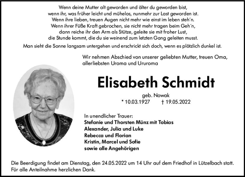  Traueranzeige für Elisabeth Schmidt vom 21.05.2022 aus vrm-trauer Odenwälder Echo