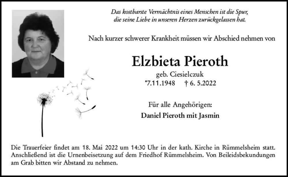  Traueranzeige für Elzbieta Pieroth vom 14.05.2022 aus vrm-trauer Allgemeine  Zeitung Ingelheim-Bingen