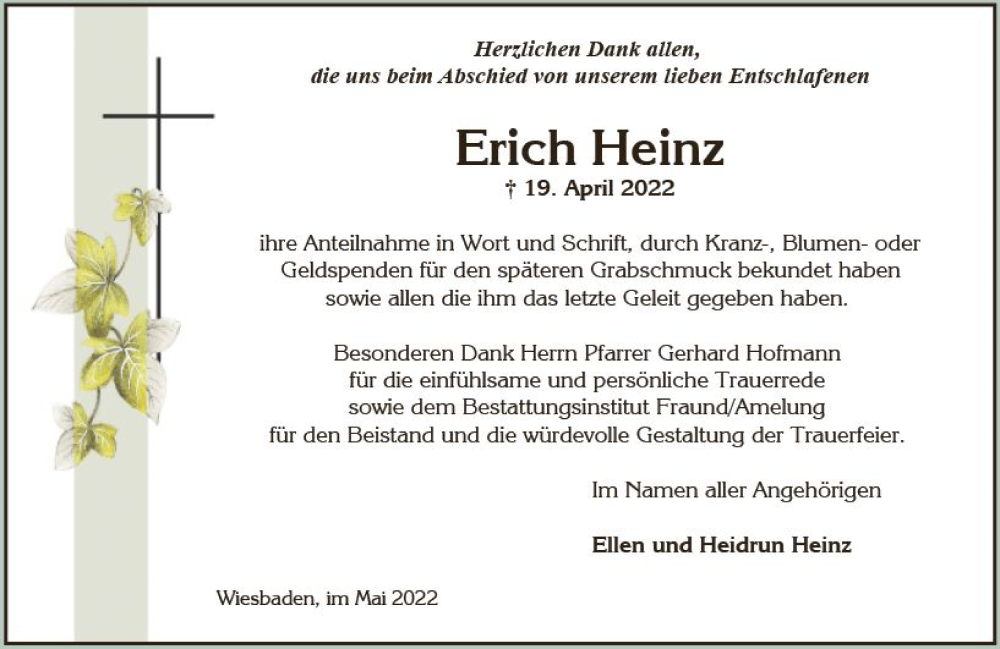  Traueranzeige für Erich Heinz vom 28.05.2022 aus vrm-trauer Wiesbadener Kurier