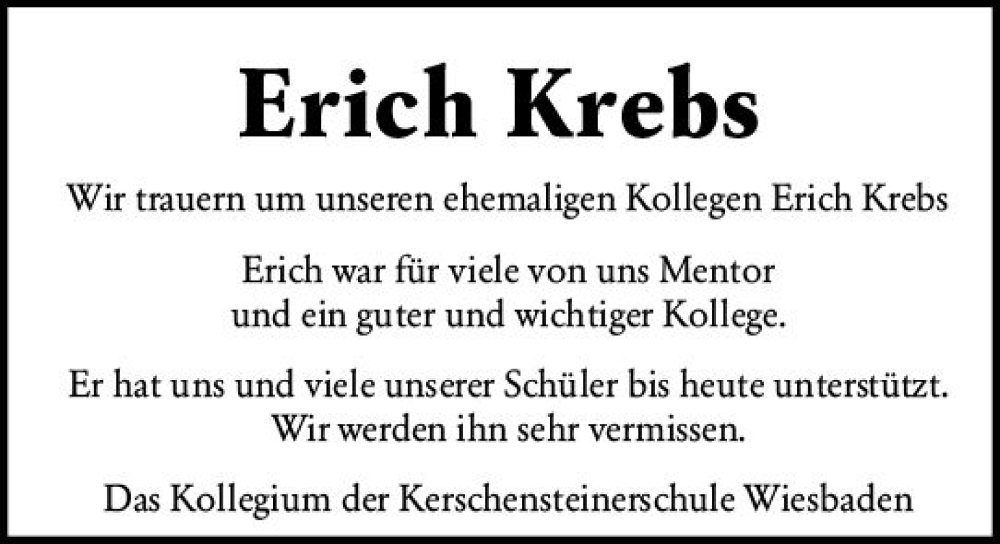  Traueranzeige für Erich Krebs vom 14.05.2022 aus vrm-trauer Wiesbadener Kurier
