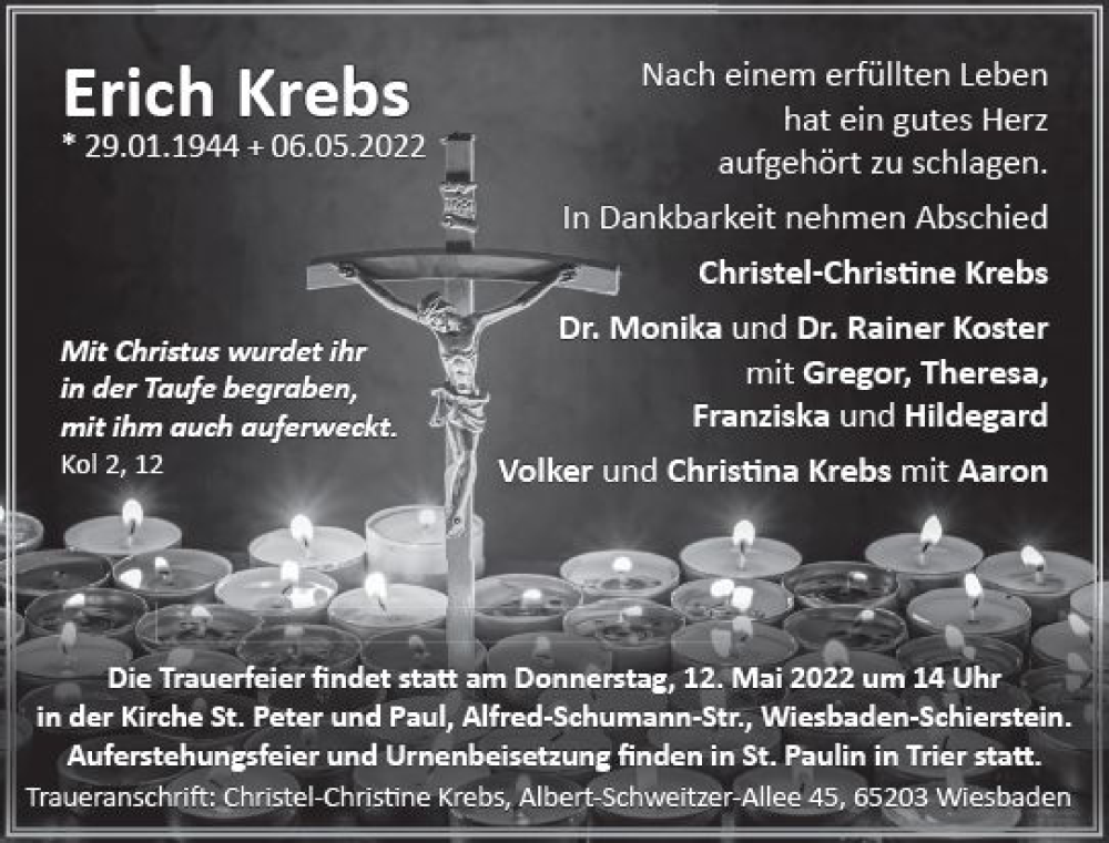 Traueranzeige für Erich Krebs vom 11.05.2022 aus vrm-trauer Wiesbadener Kurier