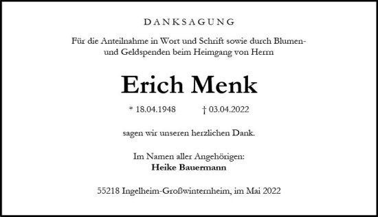 Traueranzeige von Erich Menk von vrm-trauer Allgemeine  Zeitung Ingelheim-Bingen