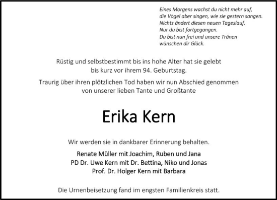 Traueranzeige von Erika Kern von vrm-trauer Allgemeine  Zeitung Ingelheim-Bingen