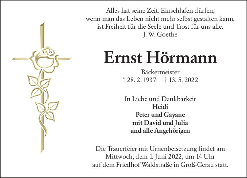  Traueranzeige für Ernst Hörmann vom 28.05.2022 aus vrm-trauer Groß-Gerauer Echo