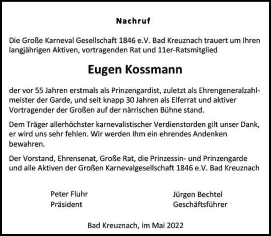 Traueranzeige von Eugen Kossmann von vrm-trauer Allg. Zeitung Bad Kreuznach