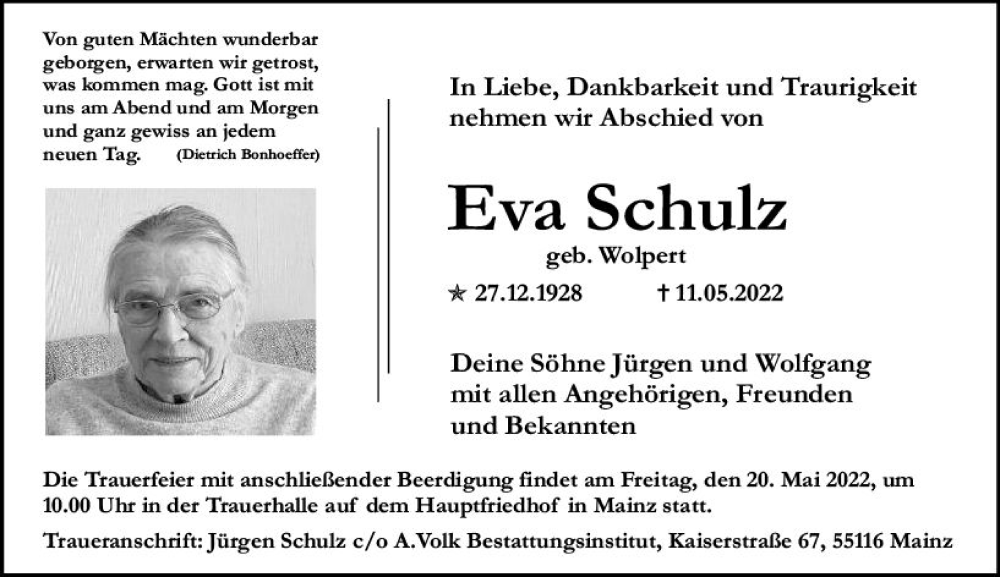  Traueranzeige für Eva Schulz vom 14.05.2022 aus vrm-trauer AZ Mainz