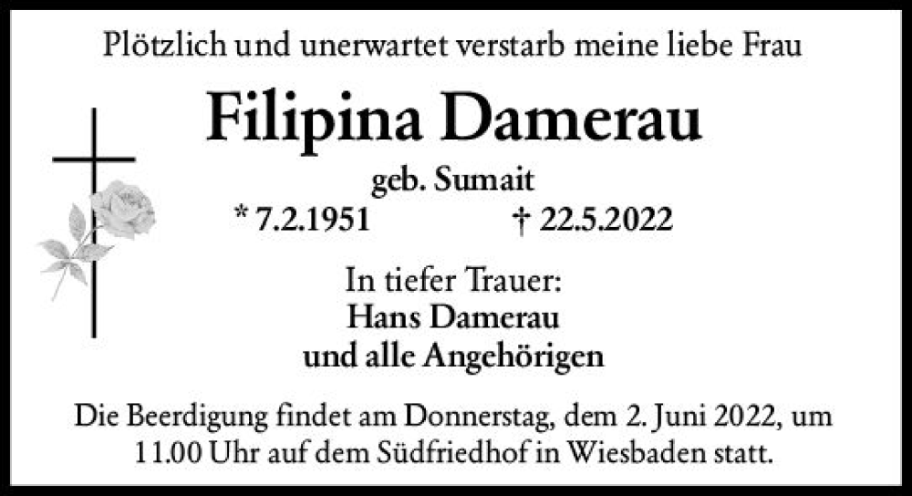  Traueranzeige für Filipina Damerau vom 28.05.2022 aus vrm-trauer Wiesbadener Kurier