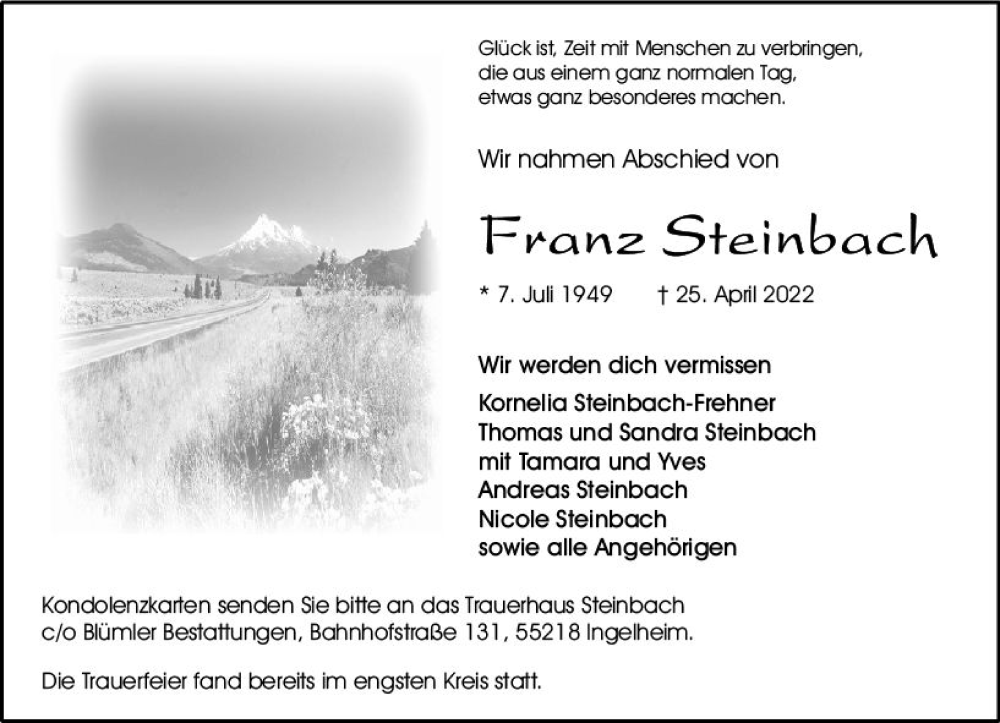  Traueranzeige für Franz Steinbach vom 14.05.2022 aus vrm-trauer Allgemeine  Zeitung Ingelheim-Bingen