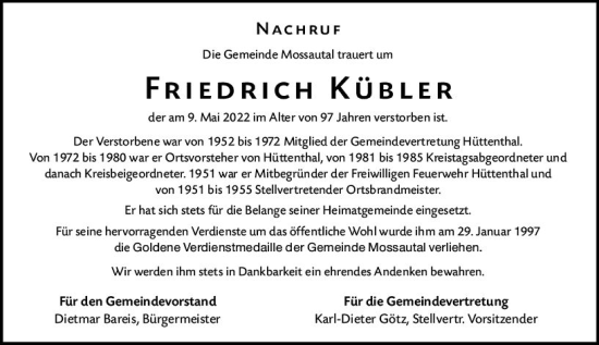Traueranzeige von Friedrich Kübler von vrm-trauer Odenwälder Echo