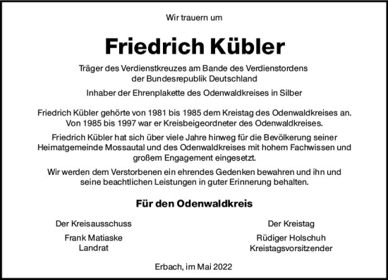 Traueranzeige von Friedrich Kübler von vrm-trauer Odenwälder Echo