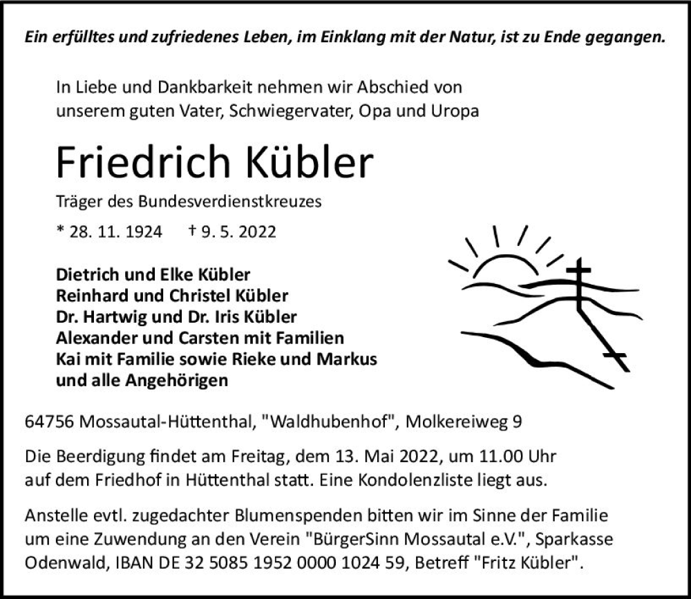  Traueranzeige für Friedrich Kübler vom 11.05.2022 aus vrm-trauer Odenwälder Echo