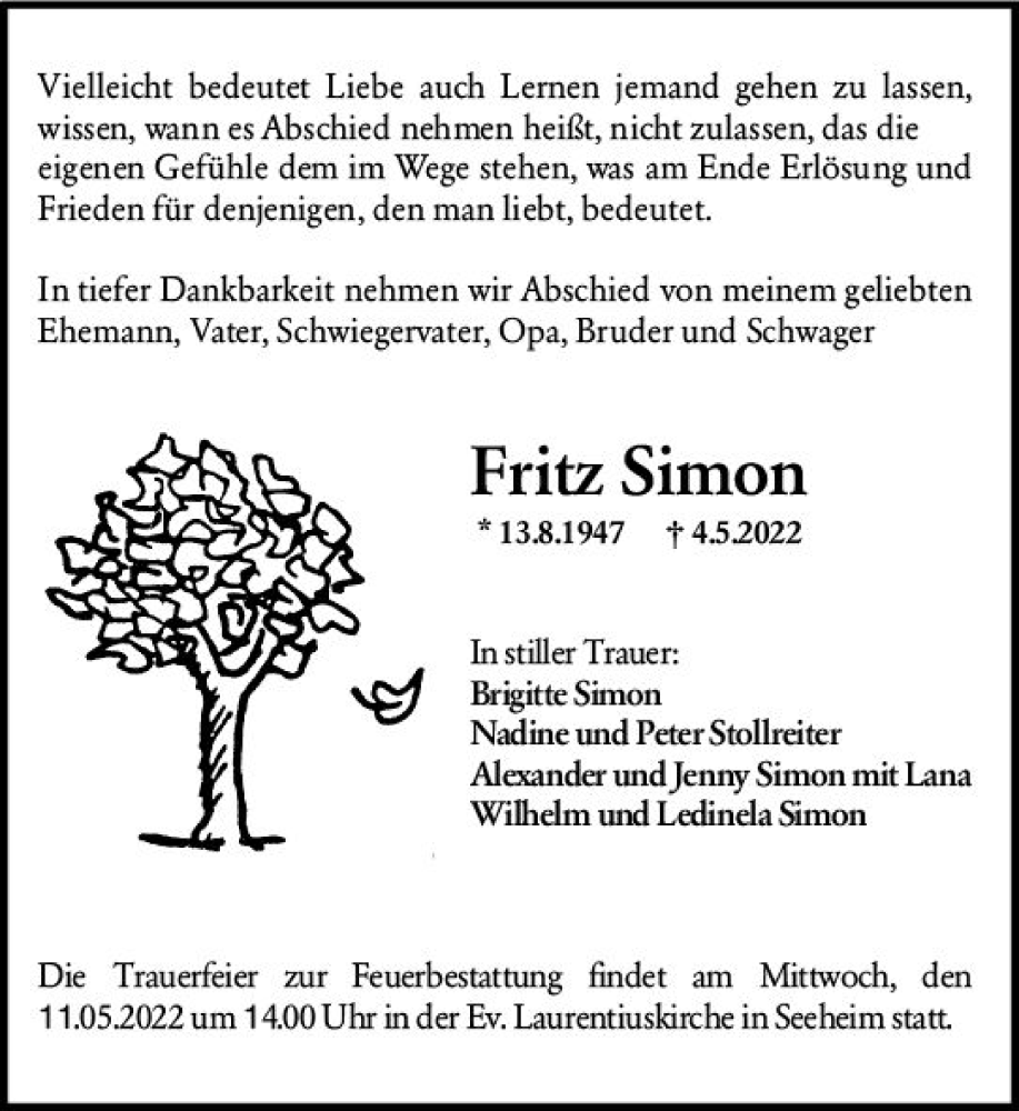  Traueranzeige für Fritz Simon vom 07.05.2022 aus vrm-trauer Darmstädter Echo
