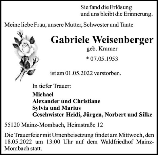Traueranzeige von Gabriele Weisenberger von vrm-trauer Wiesbadener Kurier