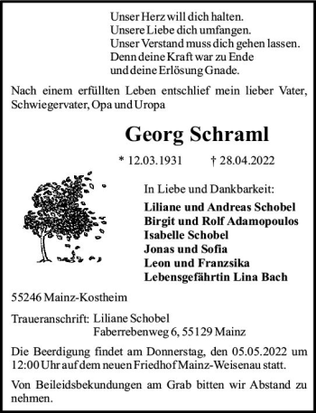 Traueranzeige von Georg Schraml von vrm-trauer AZ Mainz