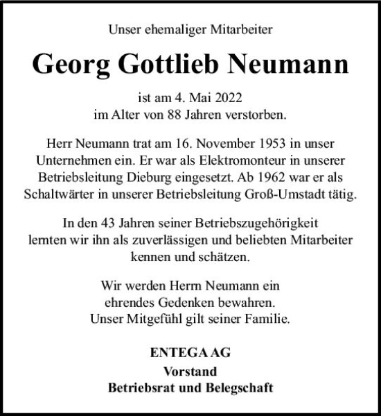 Traueranzeige von Georg Gottlieb Neumann von vrm-trauer Odenwälder Echo
