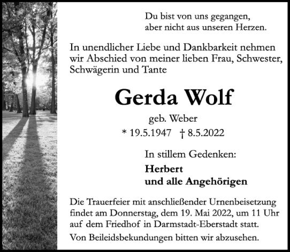  Traueranzeige für Gerda Wolf vom 14.05.2022 aus vrm-trauer Odenwälder Echo