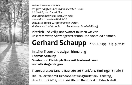 Traueranzeige von Gerhard Schaupp von vrm-trauer Odenwälder Echo