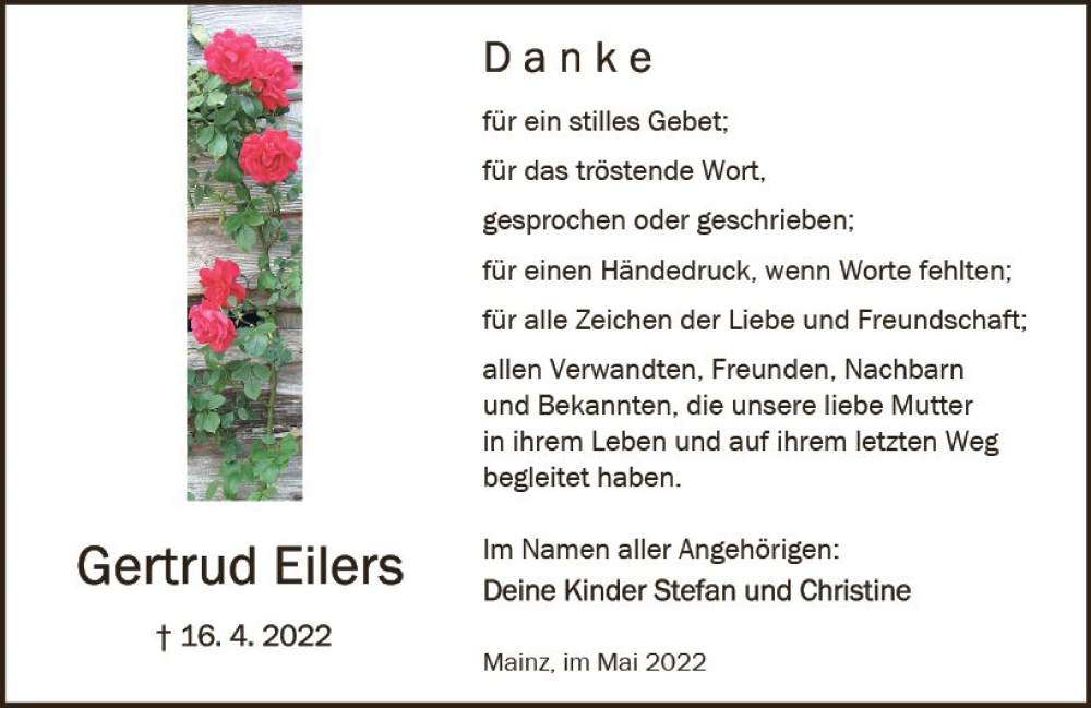  Traueranzeige für Gertrud Eilers vom 21.05.2022 aus vrm-trauer AZ Mainz