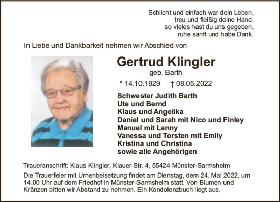 Traueranzeige von Gertrud Klingler von vrm-trauer Allgemeine  Zeitung Ingelheim-Bingen