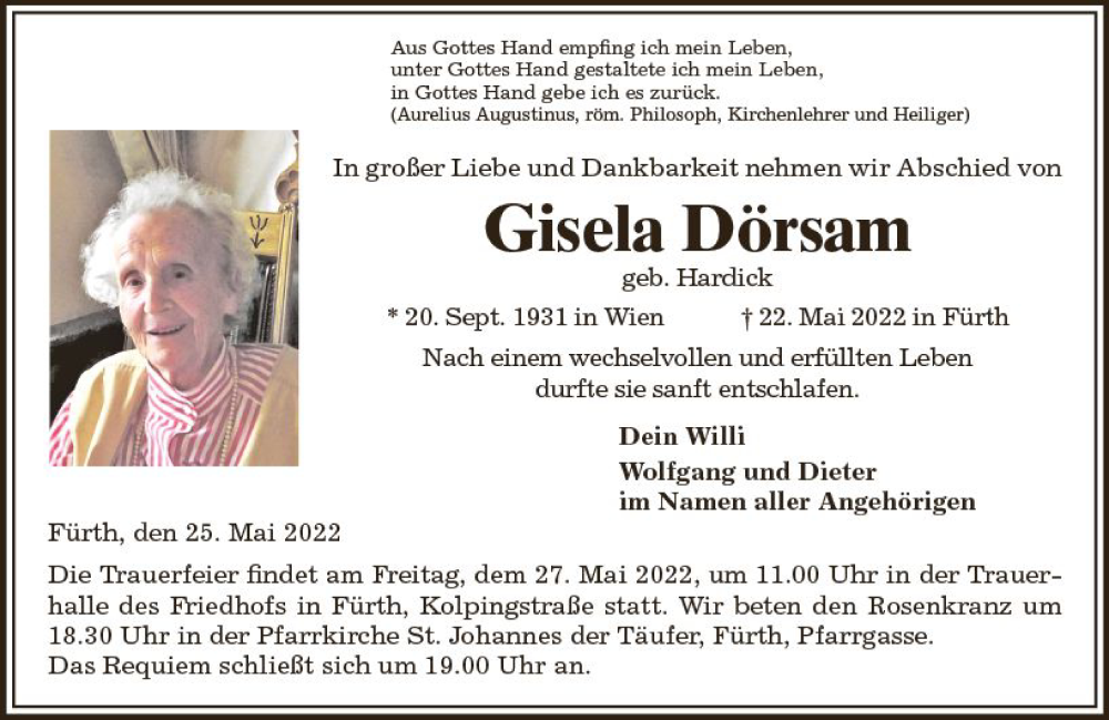  Traueranzeige für Gisela Dörsam vom 25.05.2022 aus vrm-trauer Bürstädter/Lamperth. Ztg/Starkenburger