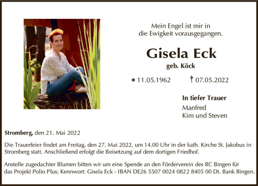  Traueranzeige für Gisela Eck vom 21.05.2022 aus vrm-trauer Allgemeine  Zeitung Ingelheim-Bingen