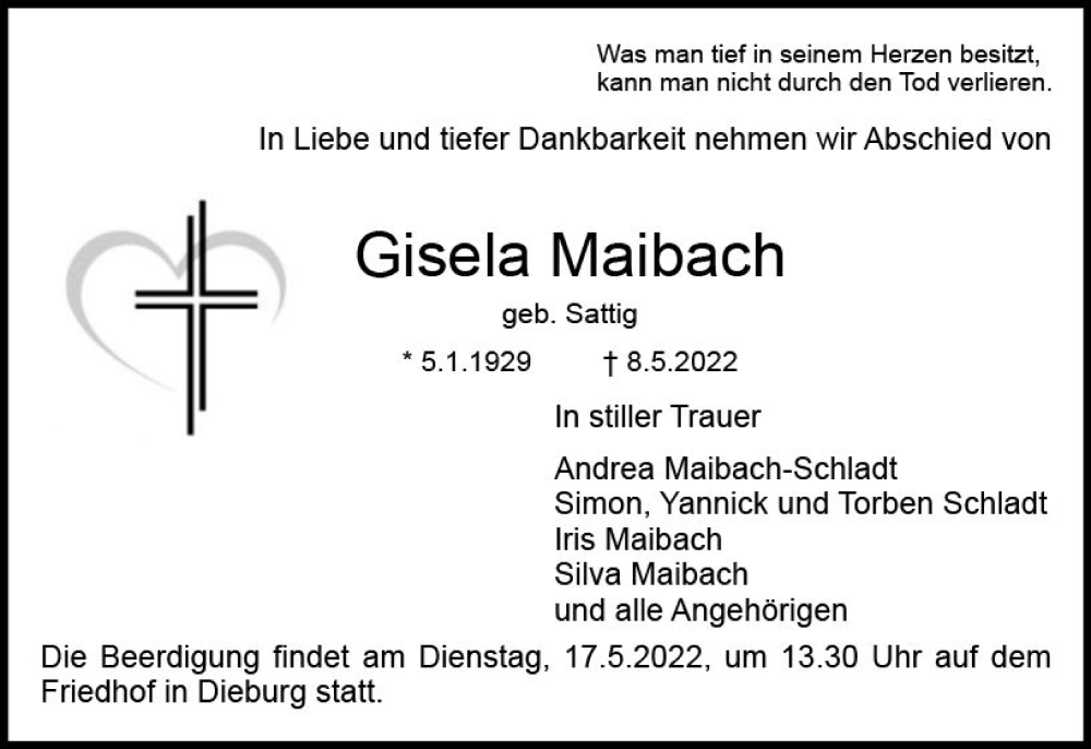  Traueranzeige für Gisela Maibach vom 14.05.2022 aus vrm-trauer DieburgerAnzeiger/Groß-Zimmerner Lokala