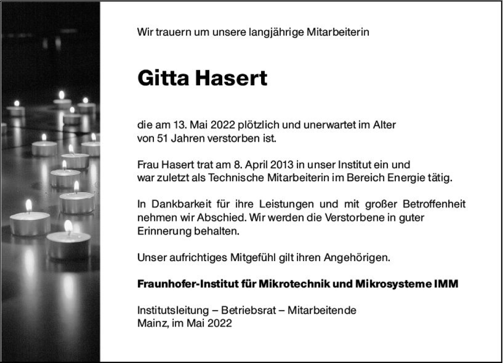  Traueranzeige für Gitta Hasert vom 21.05.2022 aus vrm-trauer AZ Mainz