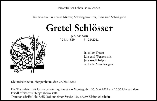 Traueranzeige von Gretel Schlösser von vrm-trauer Wormser Zeitung